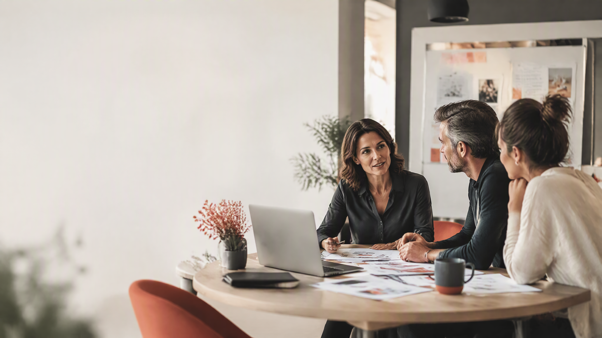 Une consultante échange avec deux responsables de PME autour d’une table de travail
